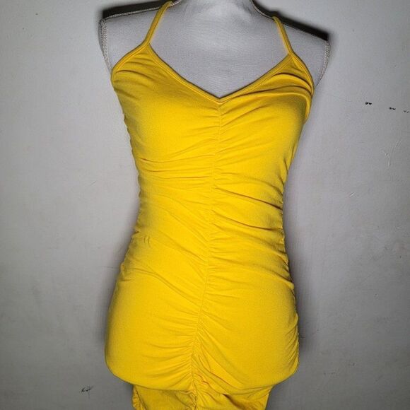 Yellow Cabbage Womens Yellow V Neck Spaghetti Strap Scrunch Mini Dress Sz Small - Picture 1 of 5